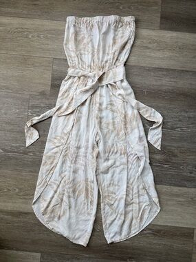 Ocean Drive Strapless Cream & Beige Leaf-Print Jumpsuit with Self-Tie Belt